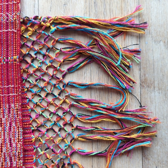 Vibrant Red Woven Shawl with Fringe Handmade In Mexico - Picture 5 of 5